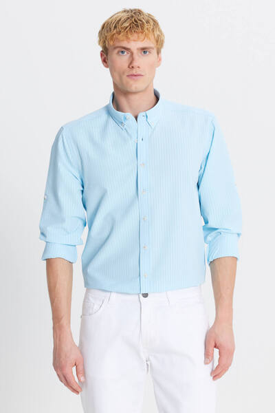 ALTINYILDIZ CLASSICS Men's Turquoise Tailored Slim Fit Slim Fit Buttoned Collar Seersucker Patterned Shirt
