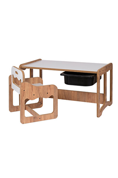 BEEVOLİ Montessori Tek Kişilik Masa Sandalye Takımı, 18mm Ceviz-Beyaz MDF, Si...