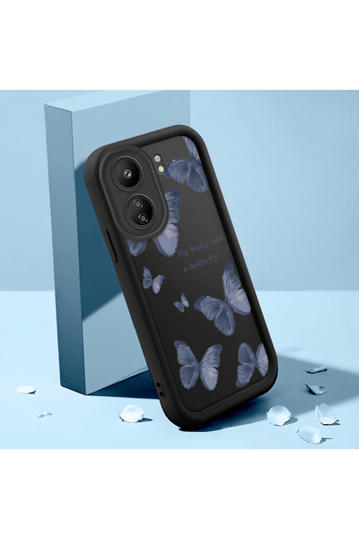 ucuc Xiaomi Poco C65 Uyumlu Siyah Silikon Kelebek Desen Darbe Koruma Kılıfı