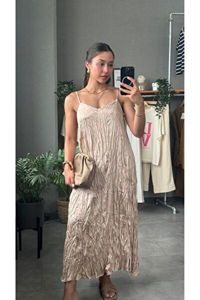 YOUR NAME Satin Strap Wrinkled Stone Women's Dress