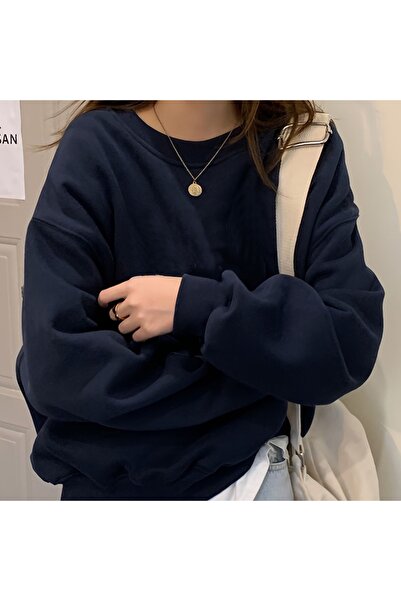 Zıva Design House سويت شيرت أزرق داكن قصة فضفاضة برقبة دائرية - 3 Thread Ş مب...
