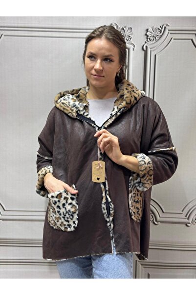 AGORATEKSTİL Women's Original Italian Zippered K Hooded Short Fur Leopard Coat