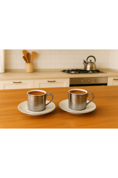 SİHİRLİ AYAKLAR 2-Piece Silver Gilded Striped Porcelain Coffee Cup Set with Gift Box 100 ml