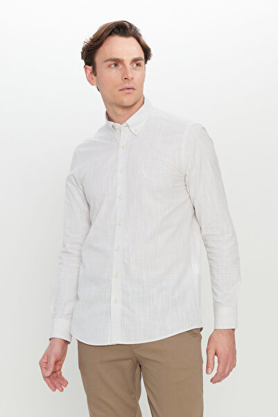 ALTINYILDIZ CLASSICS Men's Beige 100% Cotton Flared Slim Fit Slim Fit Dobby Button Collar Shirt