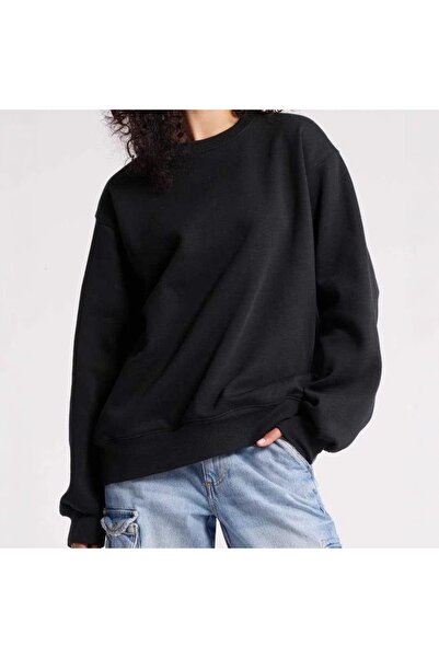 Zıva Design House سويت شيرت أسود قصة فضفاضة برقبة دائرية - 3 Thread Ş مبطن با...