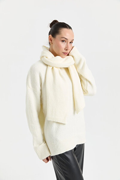 PELONY Krem Şal Detaylı Yün Kazak