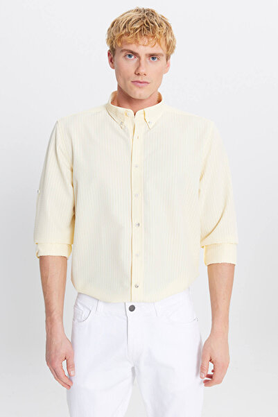ALTINYILDIZ CLASSICS Men's Yellow Tailored Slim Fit Slim Fit Button Collar Seersucker Pattern Shirt