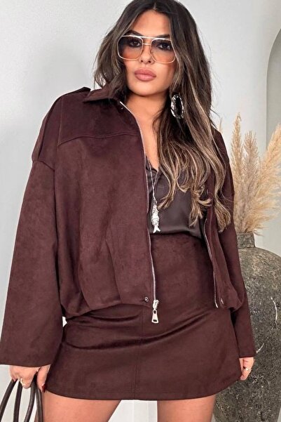 Aura 7 Collection Women's Bitter Brown Suede Mini Skirt High Waist Stylish Ca...