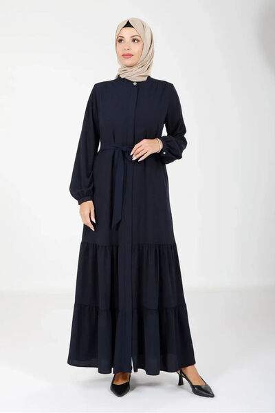 Beyza Тъмносин креп, двуслоен, скрит цип и подвижен колан, скромна фераце 364...