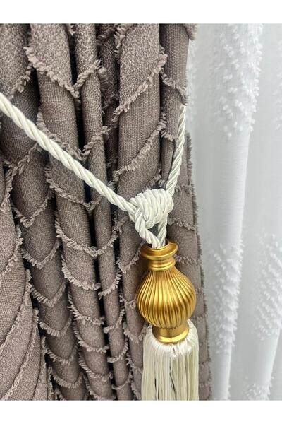 DekoStor Fon Perde Tavan Bağlama Püsküllü Braçol 1 Adet Gold-Bej (Duvar Delme...