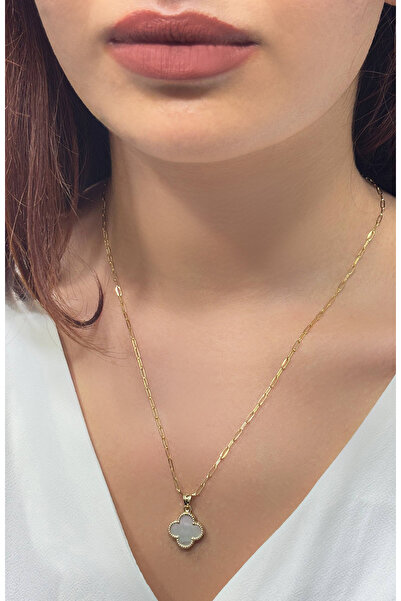 DİAMİNE PIRLANTA 14 Ayar Altın Büyük Beyaz Yonca Ataç Zincir Kolye