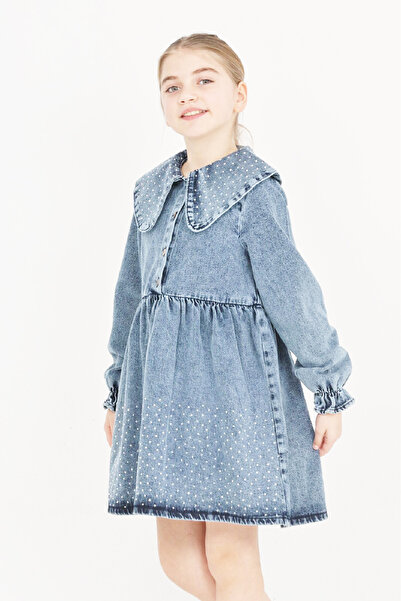 MODANINO Rochie din denim pentru fetiță, cu ornamente din piatră și guler lat...