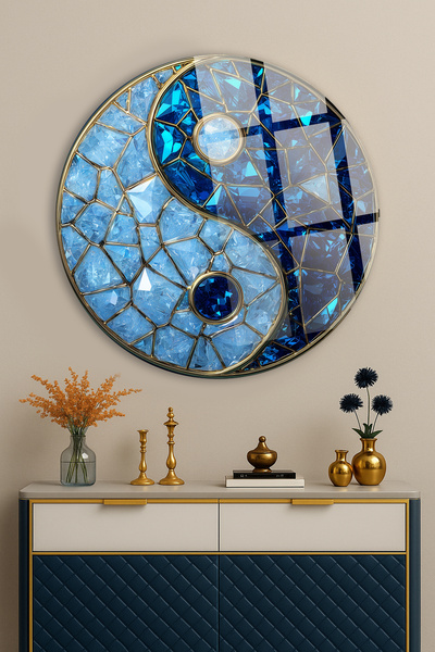 TAULART MAVİ KRİSTAL YİN YANG MOZAİK VİTRAY DESEN DAİRE KIRILMAZ LÜKS CAM TABLO