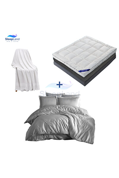 SLEEPLAND بكج لباد فندقي ارتفاع 14 سم مع منشفة استحمام قطن مع مفرش فندقي لون رمادي مقاس 200×200سم