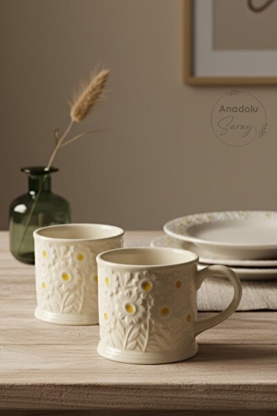 Anadolu Saray كوب سيراميك مصنوع يدويًا بتصميم زهرة الأقحوان مع نقش بارز، قطعة واحدة