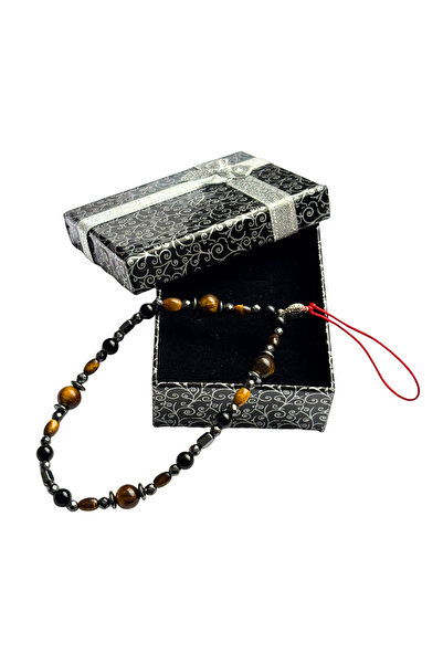 ayrestyle Tiger's Eye Natural Stone Phone Charm – Red Cord Mobile Phone Wrist Strap with Hematite Detail