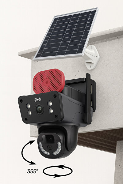 menody 6mp Çift Lensli Sim Kartlı Güneş Panelli Solar Sirenli Güvenlik Kamerası