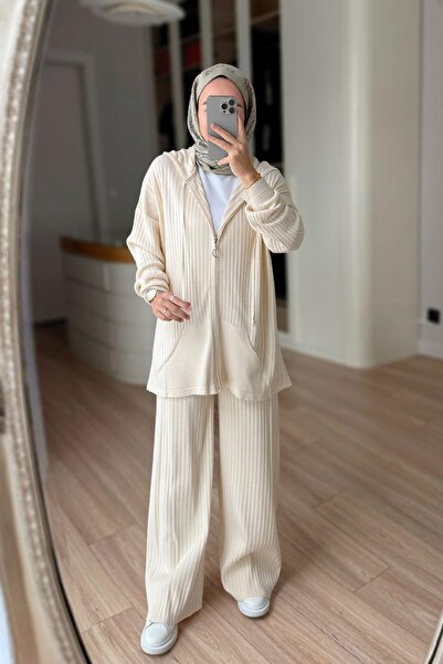 Ka Hijab Hooded Corded Fabric Knitwear Set - Beige