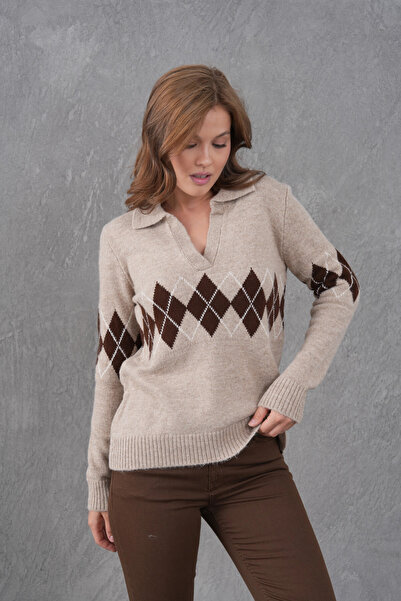 Park Karon Women's Polo Neck Patterned Half Placket Knitwear Sweater 8597Sw