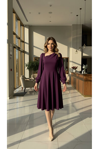 Rokka Moda Asimetrik Yaka Şifon Kollu Midi Elbise