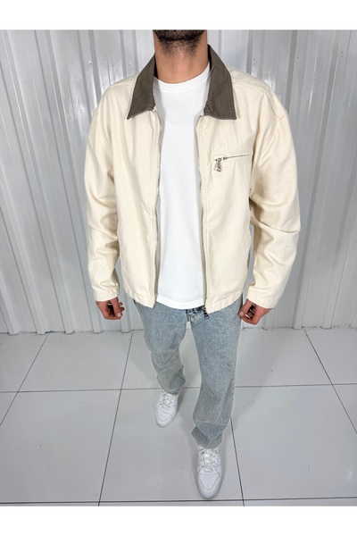 SNCWEAR Erkek Bej Mevsimlik Kontrast Yaka Fermuarlı Gabardin Ceket