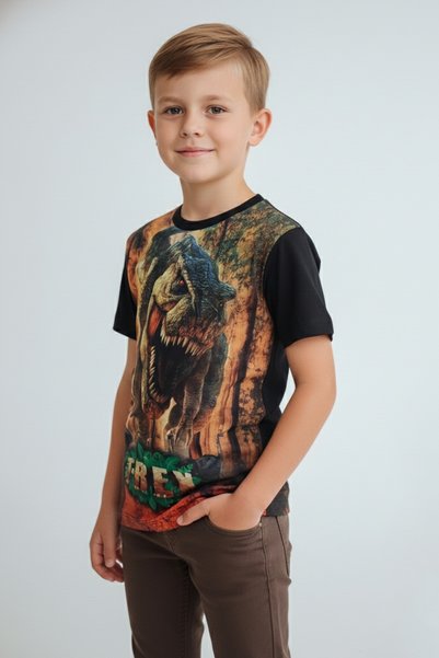 Vaxy Style Boy's Crew Neck Relax Fit Cotton T-Rex Dinosaur Printed Black T-Shirt