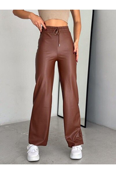 Aymood High waist wide leg Fleece-Lined leather pants.
