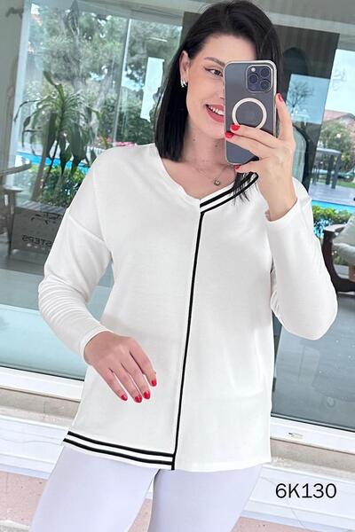 İnce Topuk V-Neck Ribbed Crystal Blouse 6K130