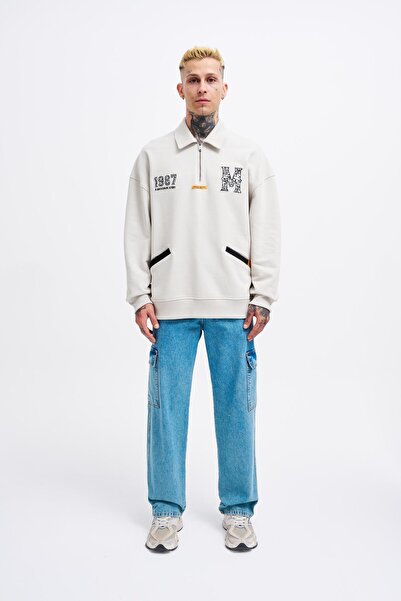 Machinist Men's Felt Badge Zip Polo Sweatshirt Space Gray