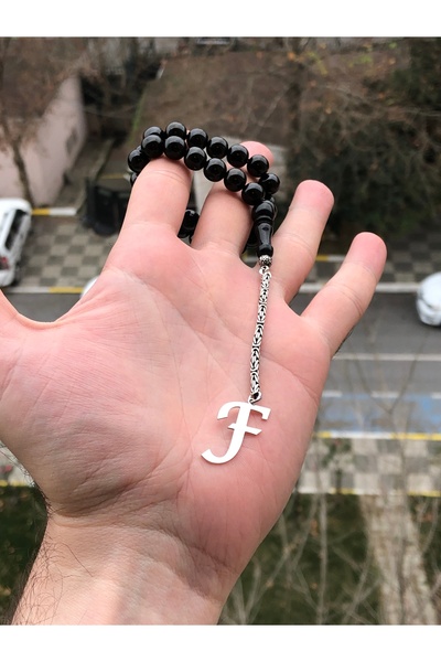 F Harfli 925 Ayar Gümüş Püskül ve Harf - Oltu Tesbih (Kral Zincir)