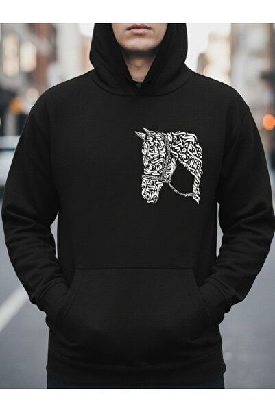 Eritqaa هوديي أسود للرجال من الجنسين بتصميم الخط العربي مع رأس حصان