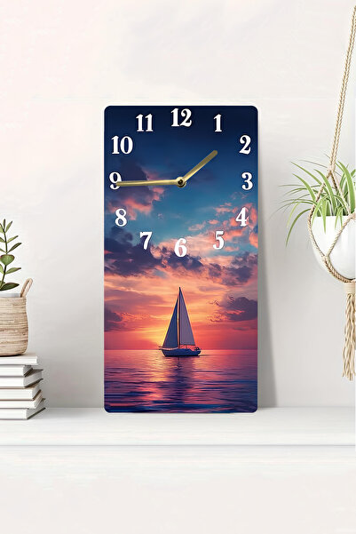 kutuTR 3D Looking Sunset Sailboat Sea View 2D Uv Printing Mdf Painting Clock 20X40 Cm-Dts057