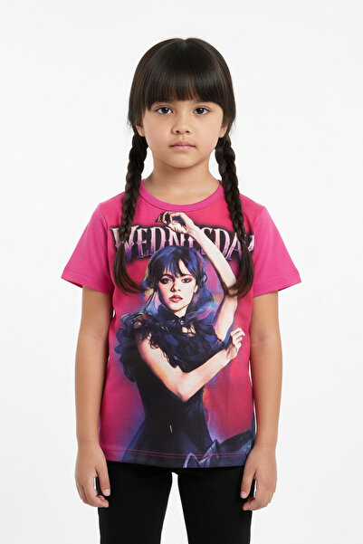 Vaxy Style Kız Çocuk Bisiklet Yaka Relax Fit Pamuklu Wednesday Baskılı Pembe ...