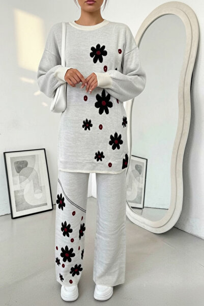 NEWCO طقم تريكو نسائي بتصميم زهرة الأقحوان مع بنطلون واسع الساق مكون من قطعتين