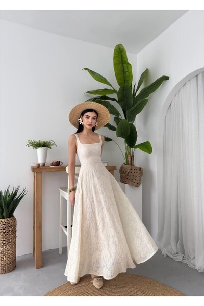 Nils Kids Butik Krem Dantel Dokulu Salaş Maxi Elbise