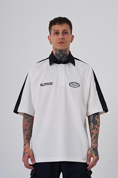 Machinist Men's Reglan Contrast Oversized Polo Neck T-Shirt Ecru