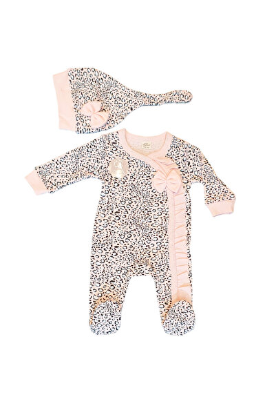 Mini Okyanus Bebe Leopar Desenli Kız Bebek Tulum Bereli