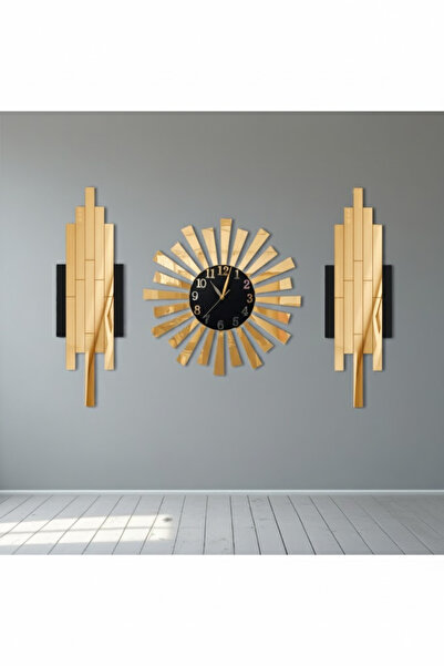 Wooden Factory Duvar Saati ve Aynalı Pleksi Set – 3 Parçalı Şık Dekorasyon Ürünü