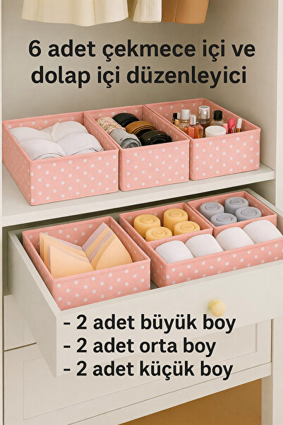 Spartek home textile 6'lı PEMBE Desenli - Çekmece İçi Düzenleyici Organizer Set - Çok Amaçlı Dolap İçi Kutu Seti