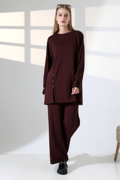 lubiti Modal Fabric with Button Details on the Front and Sleeves, Bottom and Top Set/Compatible with Hijab and Plus Size.