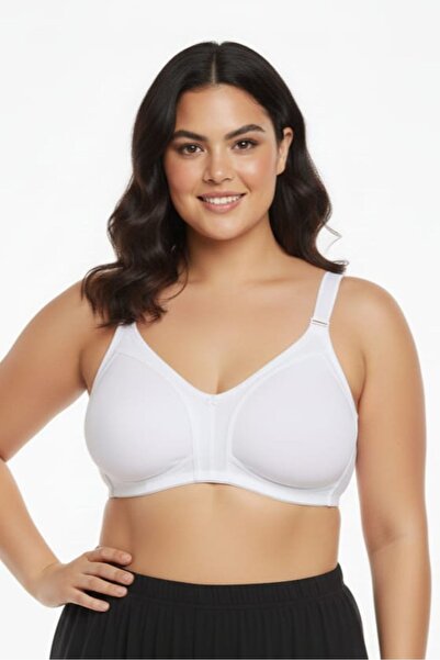 enmodaiçgiyim White Plus Size Cotton Combed Shaping / Sculpting Bra - Wire Free No Padding Stitch-Free Comfortable Minimizer