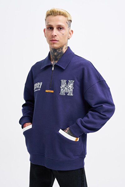 Machinist Hanorac polo cu fermoar și insignă din pâslă pentru bărbați, albast...