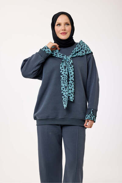 My City 6186 - 3 İplik Ş Fleece-Lined Casual Basic Women's Sweatshirt with Leopard Shawl Detail