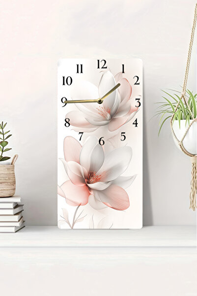 kutuTR ساعة طاولة MDF مطبوعة بالأشعة فوق البنفسجية ثنائية الأبعاد مع مظهر ثلاثي الأبعاد ونمط زهرة بيضاء مقاس 20 × 40 سم، آلية صامتة خالية من الحشرات-DTS049