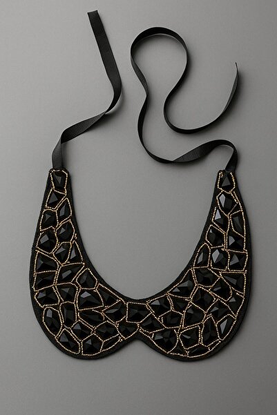 Nuevo Siyah Taş Detaylı Çıkarılabilir Dikilebilir Gömlek Yakası – Şık Yaka Ak...