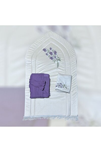 FABRIC A white rug with delicate purple embroidery, along with a matching pur...