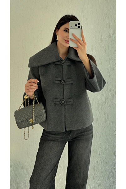 My Blog Anthrazitfarbene Kurze Jacke mit Knopfdetail - 7675