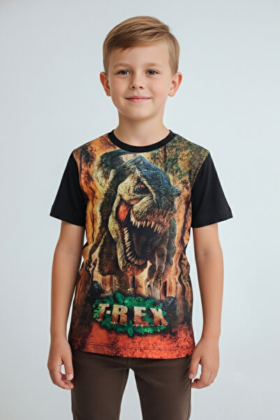 Vaxy Style تي شيرت للأولاد برقبة دائرية وقصة مريحة من القطن على شكل ديناصور ت...