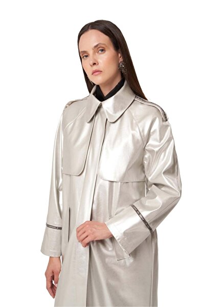 Zems Gümüş Rengi Deri Kadın Kaban