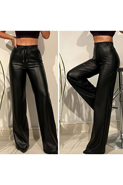 Aymood High waist wide leg Fleece-Lined leather pants.